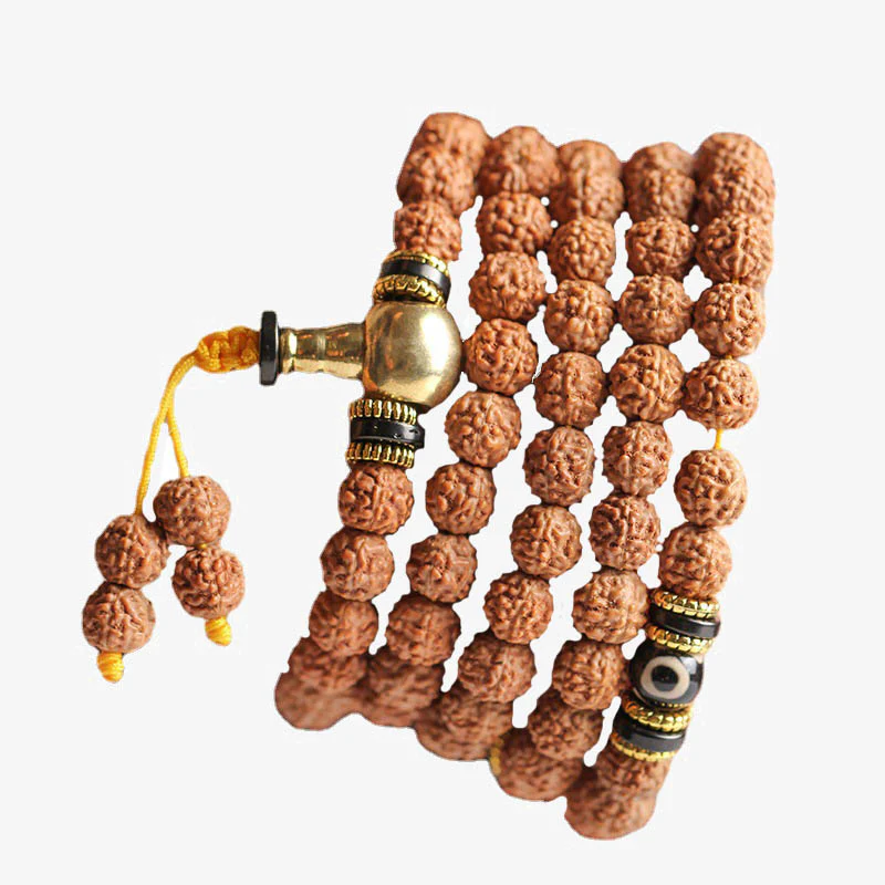 108 Mala Beads Bracelet with Rudraksha, Bodhi Seed, and Dzi Bead for Luck and Wealth