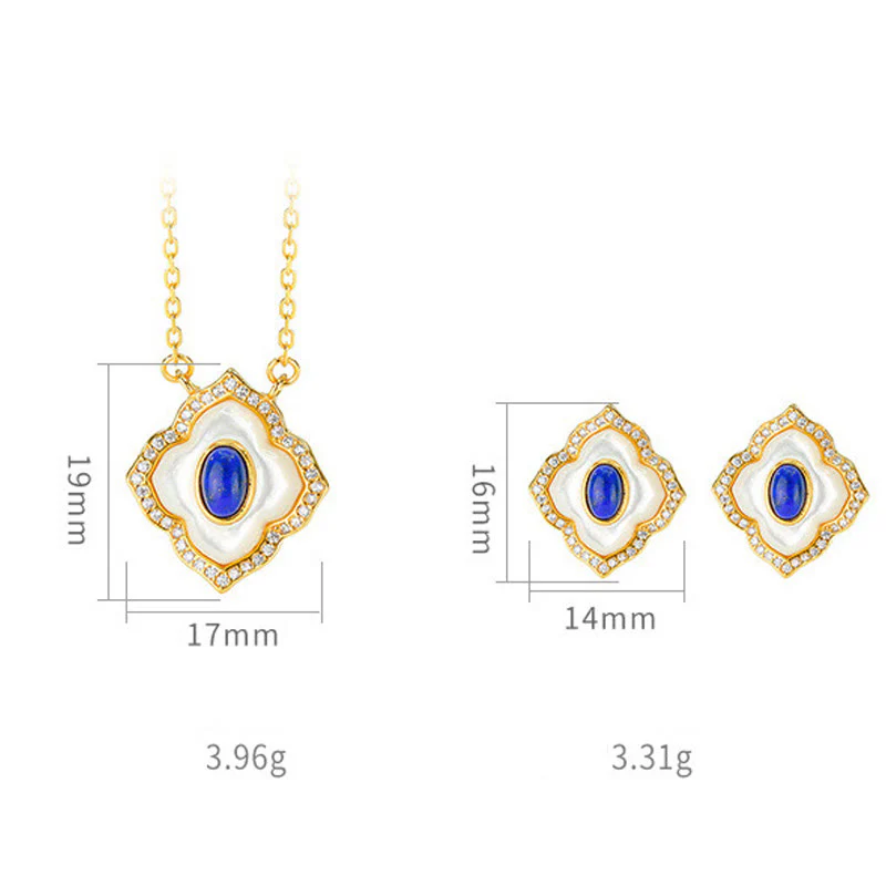 925 Sterling Silver Tridacna Stone Lazurite Prismatic Design Jewelry Set with Earrings and Necklace Pendant