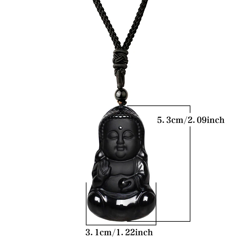 Renbeads Natural Black Obsidian Crystal Buddha Strength Protection Amulet Lucky Charm Pendant Necklace