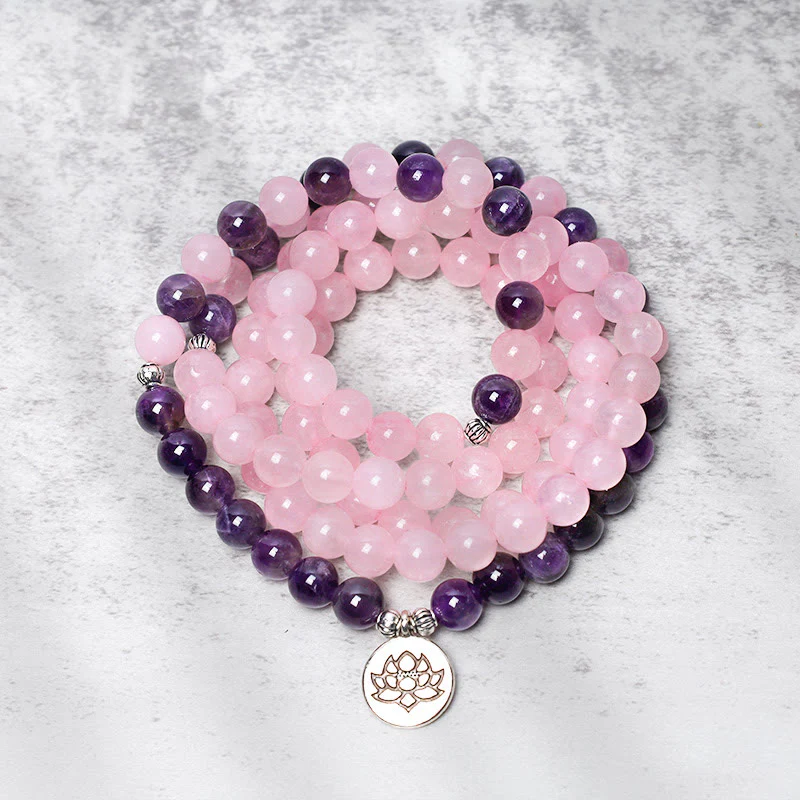 Renbeads Natural Rose Quartz & Amethyst Mala Bead Lotus Pendant Bracelet