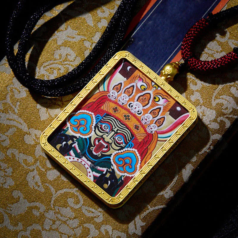 Tibetan Nine-Tailed Fox Yellow God of Wealth Painted Thangka Hope Necklace Pendant