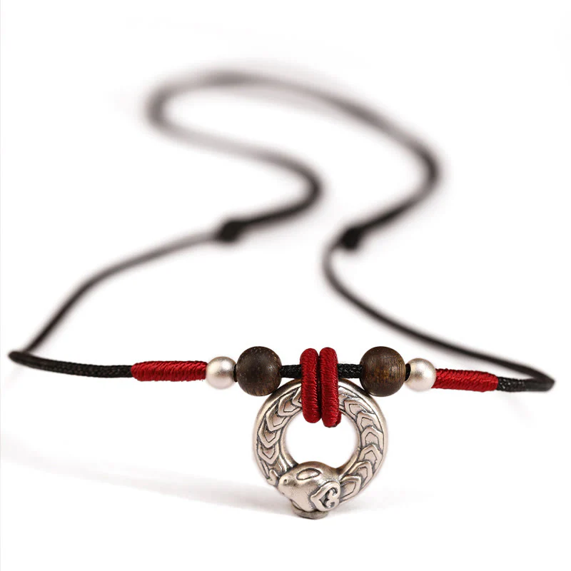 999 Sterling Silver Snake-themed Round Agarwood Protection Necklace Pendant