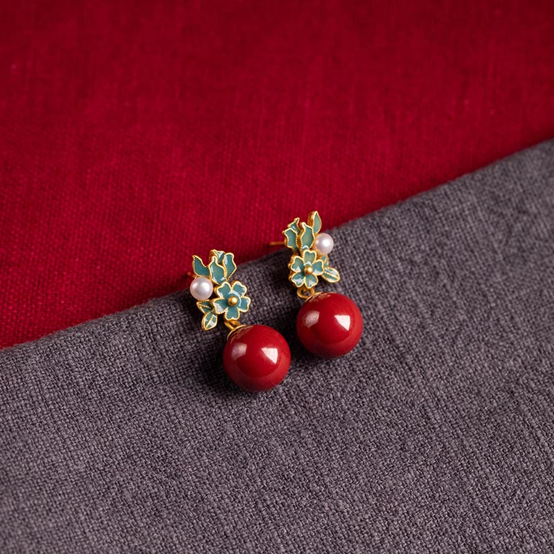 925 Sterling Silver Plated Gold Cinnabar Pearl Flower Jewelry Set