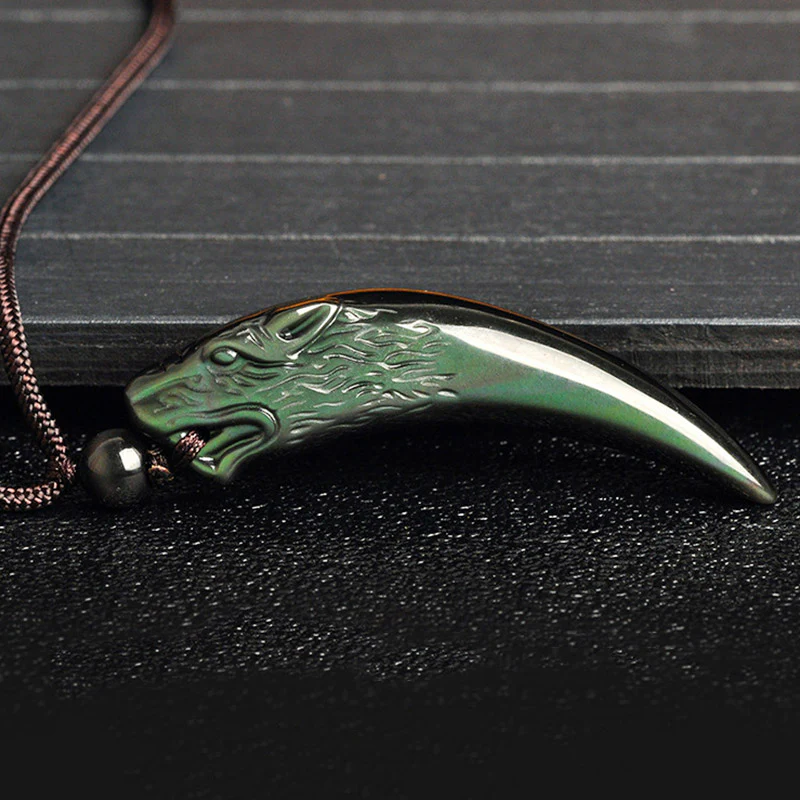 Natural Black Obsidian Ice Obsidian Rainbow Obsidian Wolf Tooth Pattern Necklace Pendant