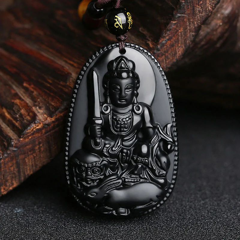 Chinese Zodiac Buddha Natural Black Obsidian Purification Necklace Pendant
