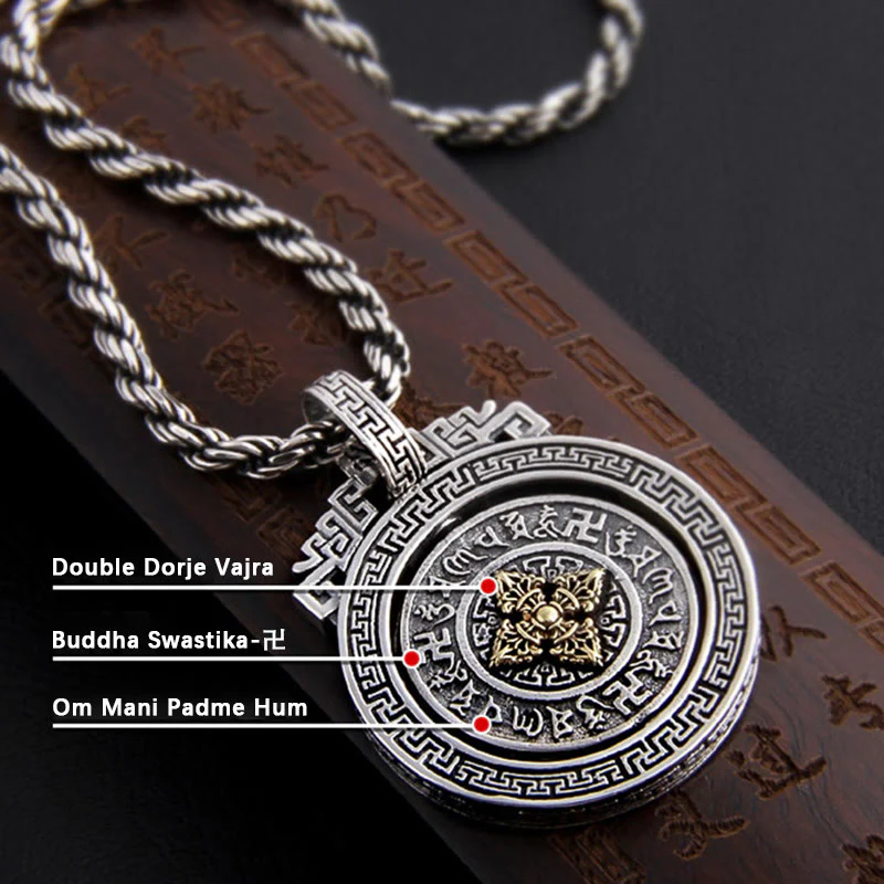 Tibetan Om Mani Padme Hum Double Dorje Vajra Rotatable Necklace Pendant for Purity and Peace