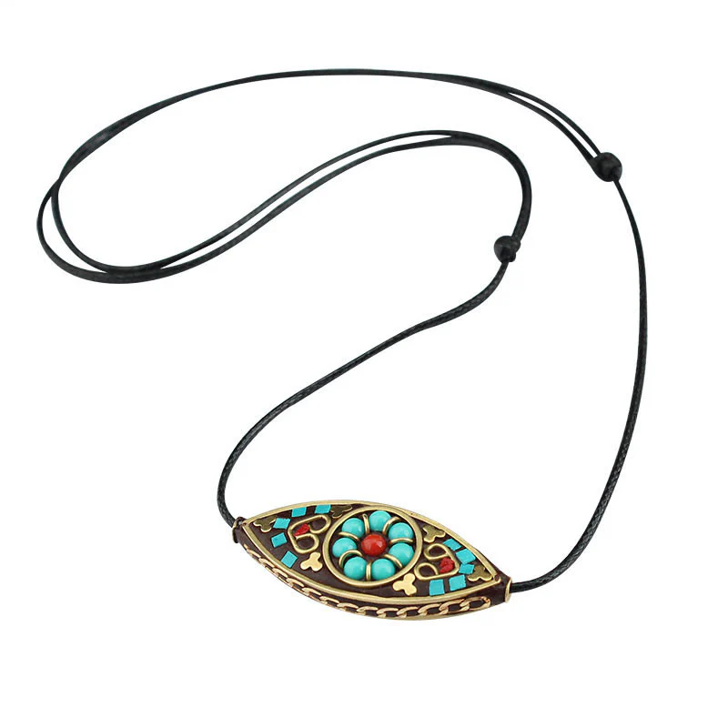 Tibet Turquoise Bead Marquise Pattern Necklace Pendant for Protection and Strength