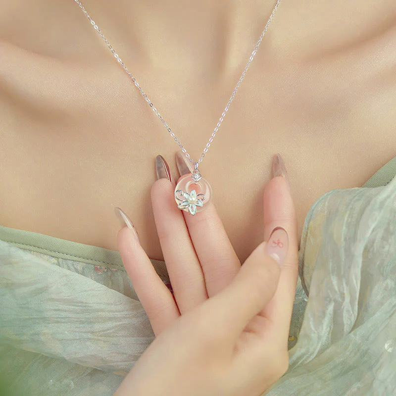 Chalcedony Peace Buckle 999 Sterling Silver Lotus Necklace Pendant