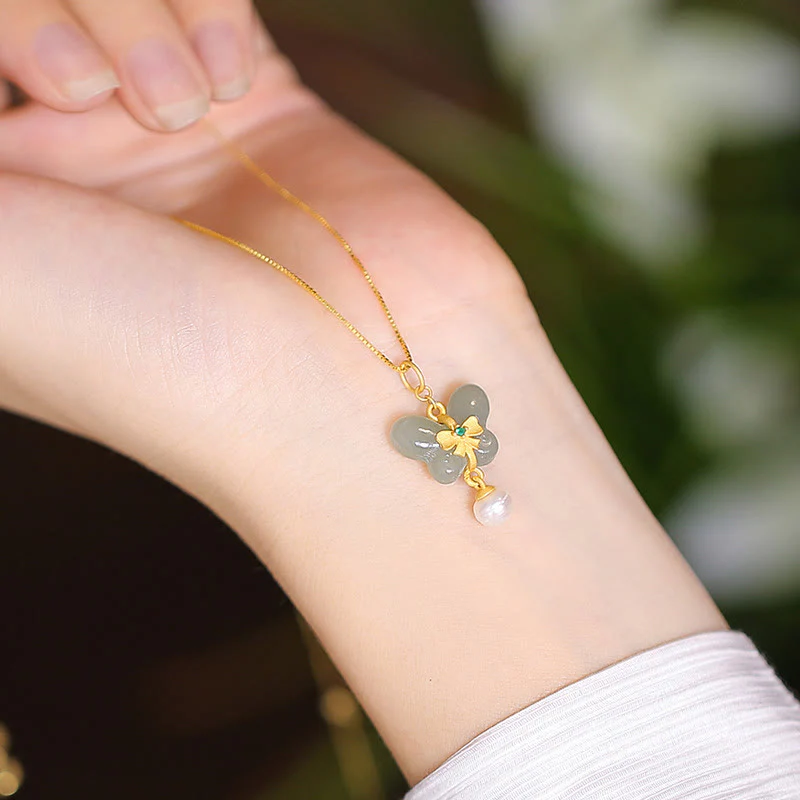 925 Sterling Silver Natural Cyan Hetian Jade Luck Laughing Buddha Butterfly Necklace Pendant