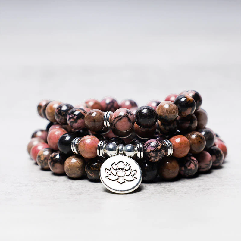 Renbeads 108 Mala Beads Rhodonite Lotus Compassion Energy Bracelet