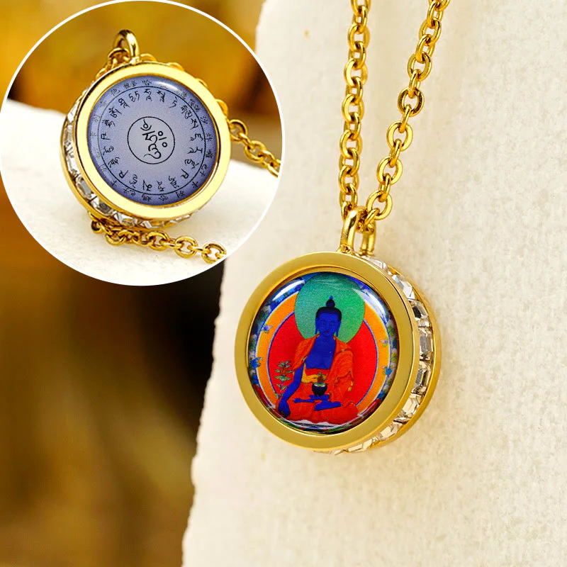 Tibetan Yellow God of Wealth Green Tara Buddha Serenity Titanium Steel Necklace Pendant