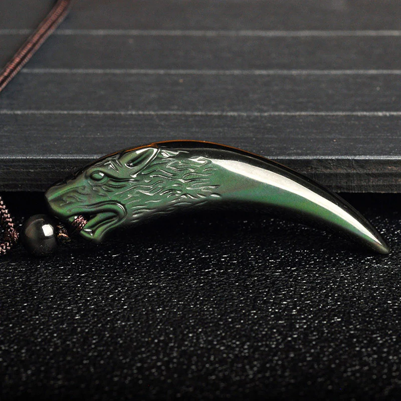 Natural Black Obsidian Ice Obsidian Rainbow Obsidian Wolf Tooth Pattern Necklace Pendant