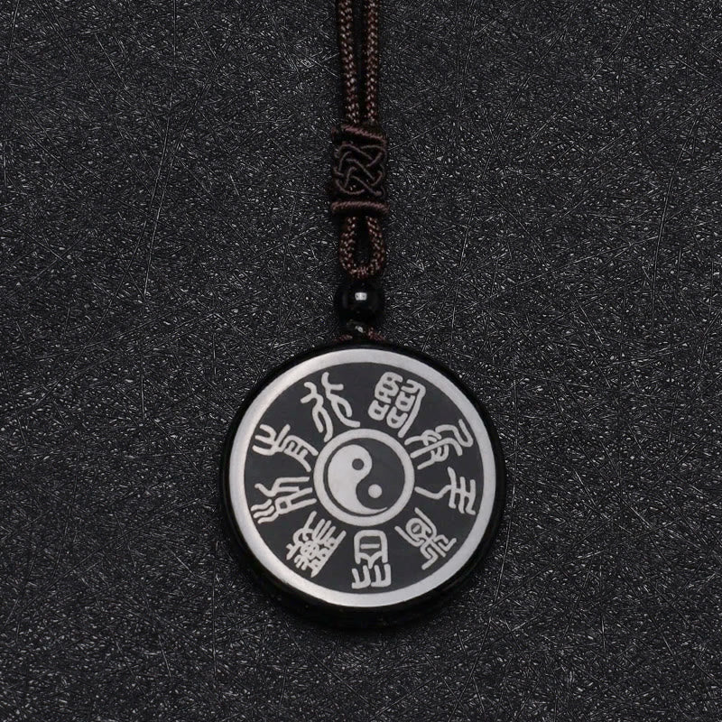 Black Obsidian Five Sacred Mountains Nine Character Mantra Carved Yin Yang Necklace Pendant