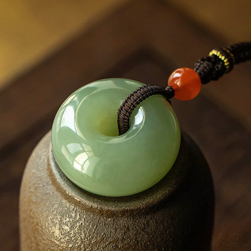 Natural Round Gray Jade Peace Buckle Luck Necklace Pendant