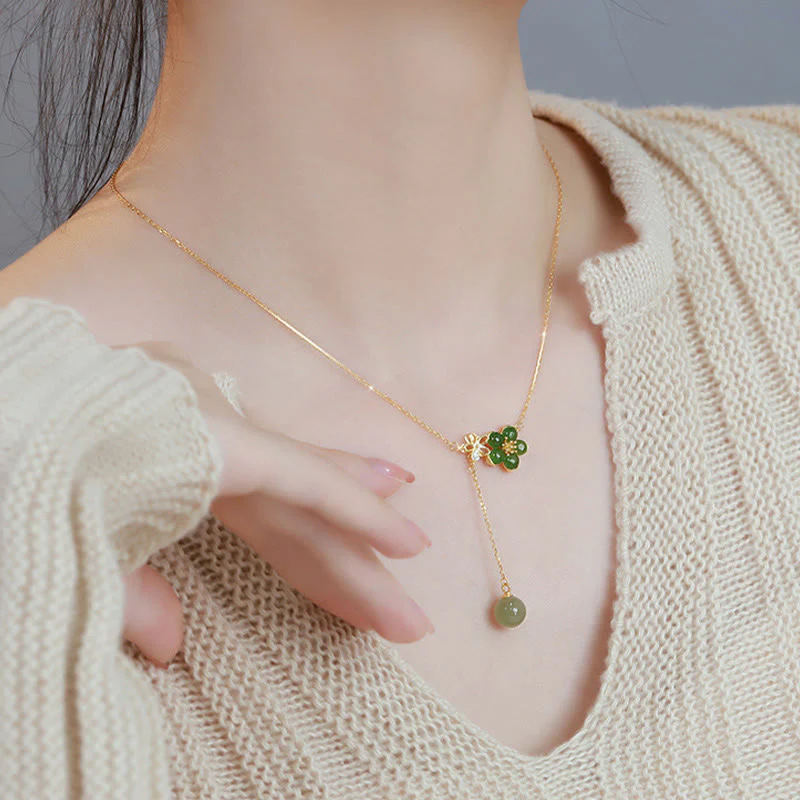 Renbeads 925 Sterling Silver Hetian Cyan Jade Plum Flower Blossom Design Luck Necklace Pendant