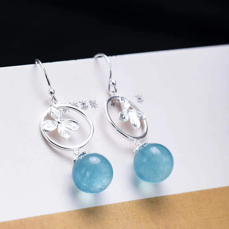 925 Sterling Silver Natural Aquamarine Leaf Flower Peace Earrings and Necklace