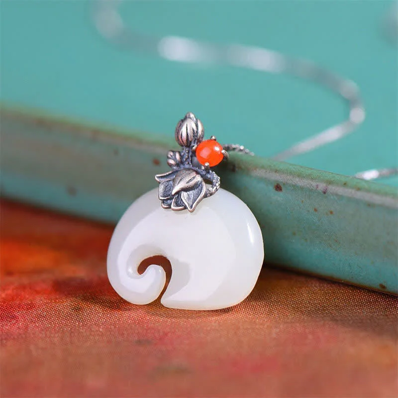 Renbeads White Jade Elephant Lotus Protection Necklace Pendant