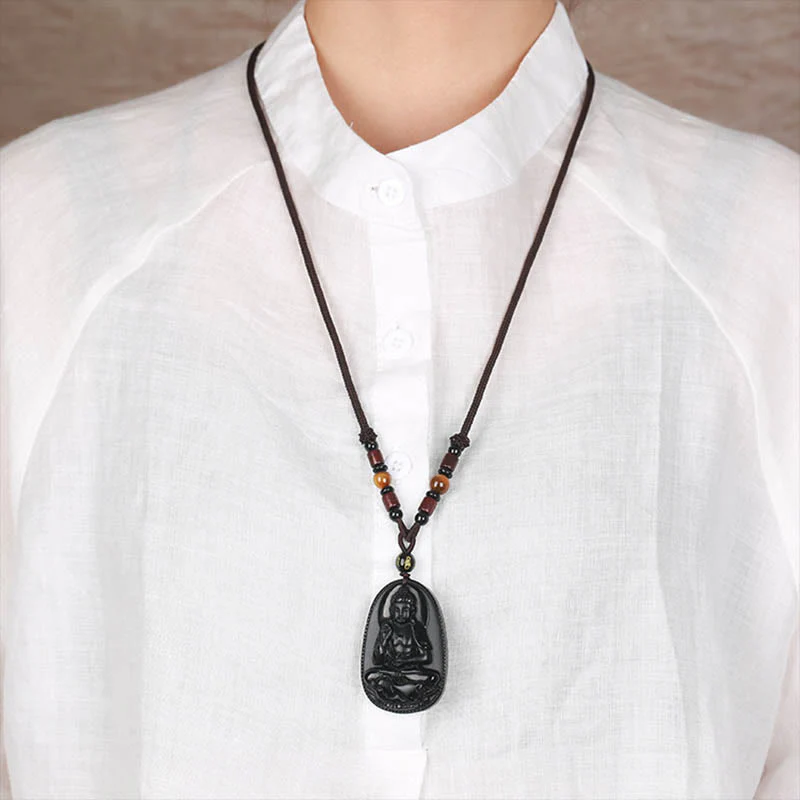 Chinese Zodiac Buddha Natural Black Obsidian Purification Necklace Pendant