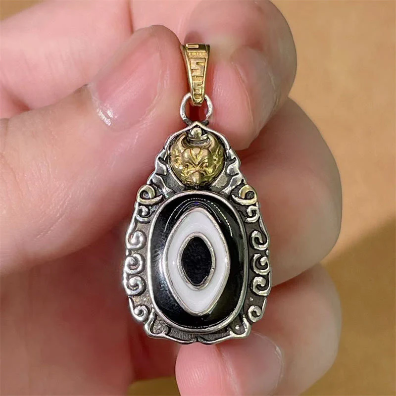 Renbeads Tibet Dzi Bead Garuda Pattern Copper Metal Wealth Necklace Pendant