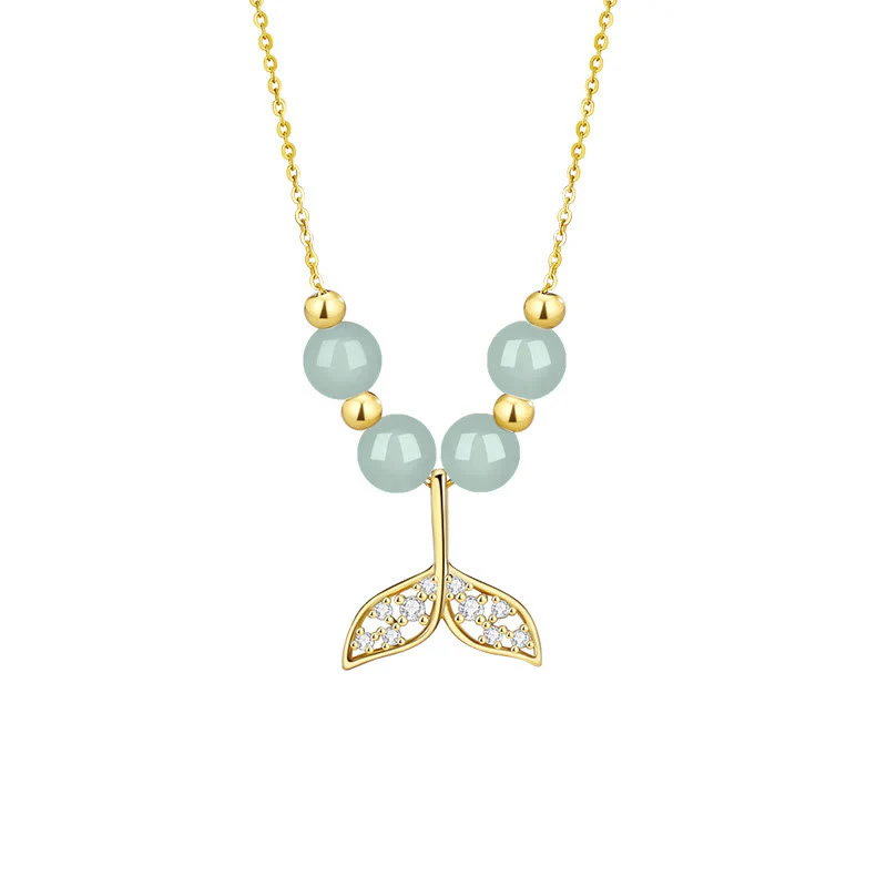 925 Sterling Silver Hetian Jade Bead Fishtail Luck Necklace Pendant