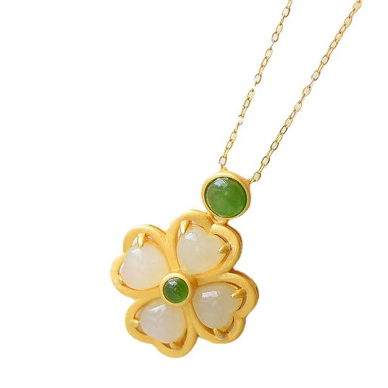 925 Sterling Silver Lucky Four Leaf Clover Jade Prosperity Necklace Pendant