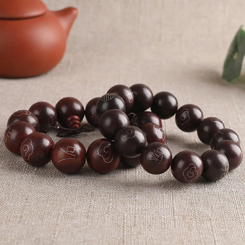 925 Sterling Silver Inlaid Small Leaf Red Sandalwood Om Mani Padme Hum Character Auspicious Clouds Protection Bracelet