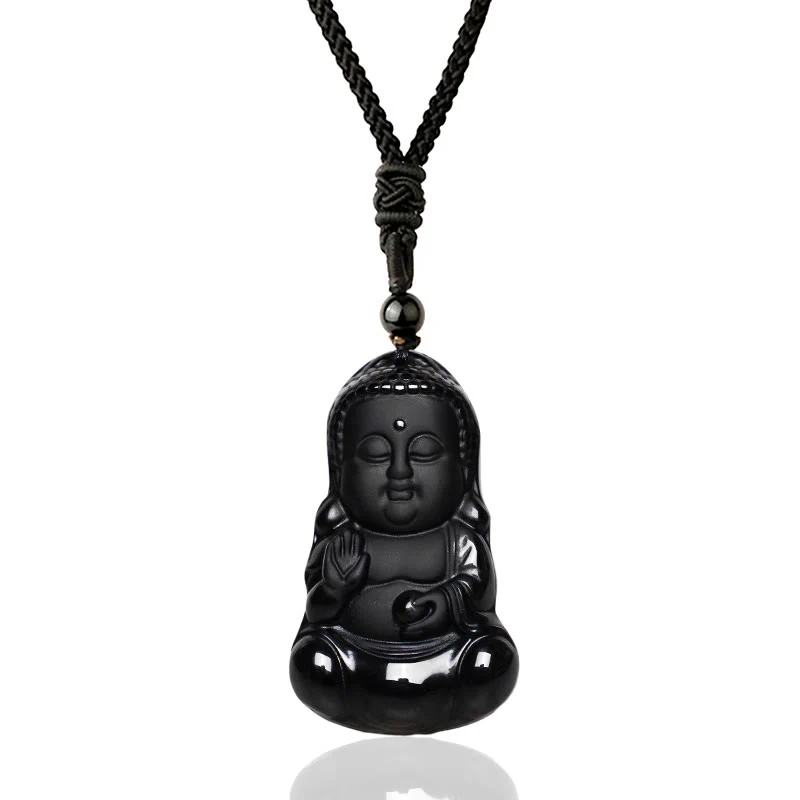 Renbeads Natural Black Obsidian Crystal Buddha Strength Protection Amulet Lucky Charm Pendant Necklace