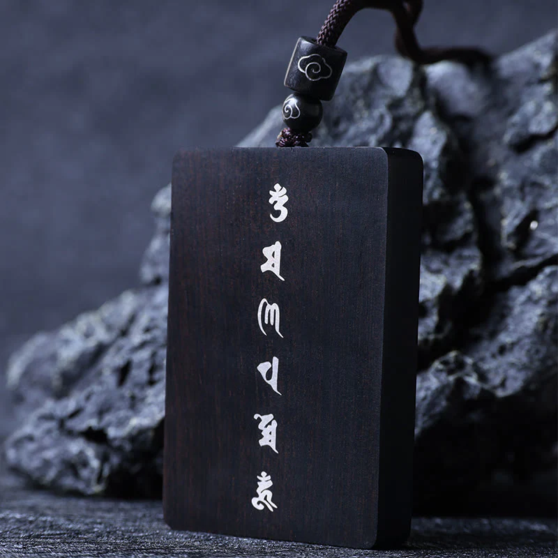 Renbeads 999 Sterling Silver Small Leaf Red Sandalwood Ebony Wood Om Mani Padme Hum Inlaid Protection Necklace Pendant