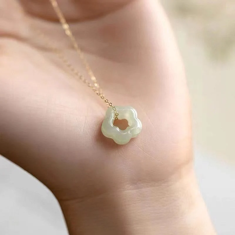 Renbeads Dainty Hetian Jade Cyan Jade Luck Floral Charm Necklace Pendant