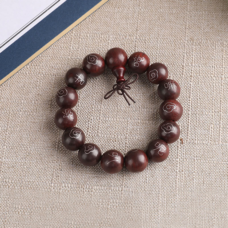 925 Sterling Silver Inlaid Small Leaf Red Sandalwood Om Mani Padme Hum Character Auspicious Clouds Protection Bracelet