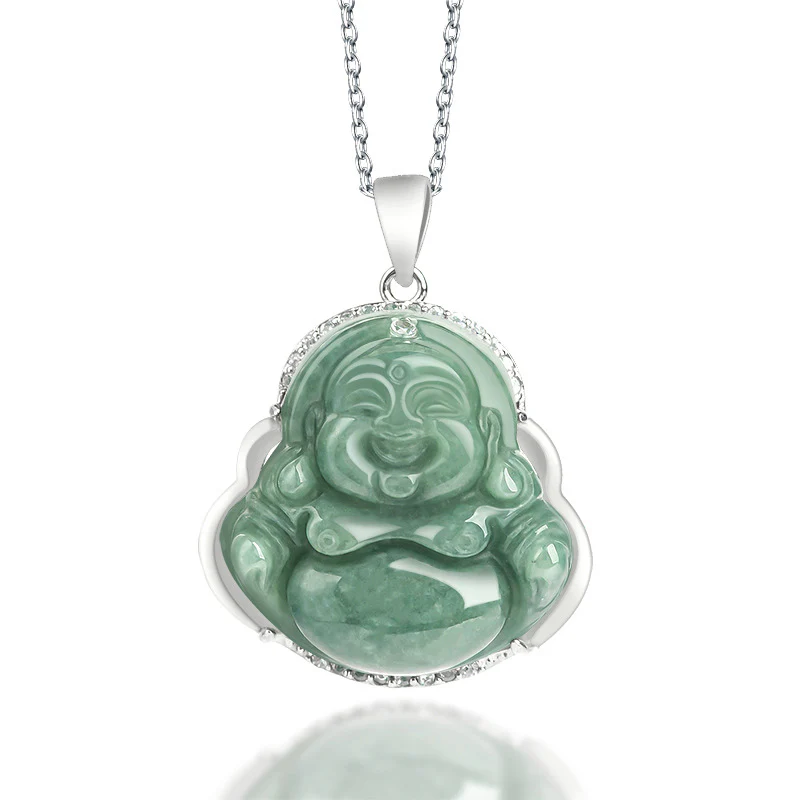 Renbeads 925 Sterling Silver Laughing Buddha Jade Abundance Necklace Chain Pendant