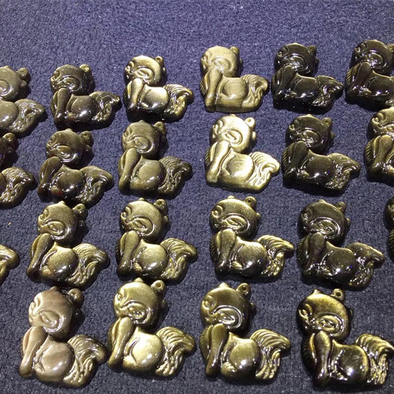 Natural Rainbow Obsidian Gold Sheen Obsidian Nine-Tailed Fox Positive Necklace Pendant