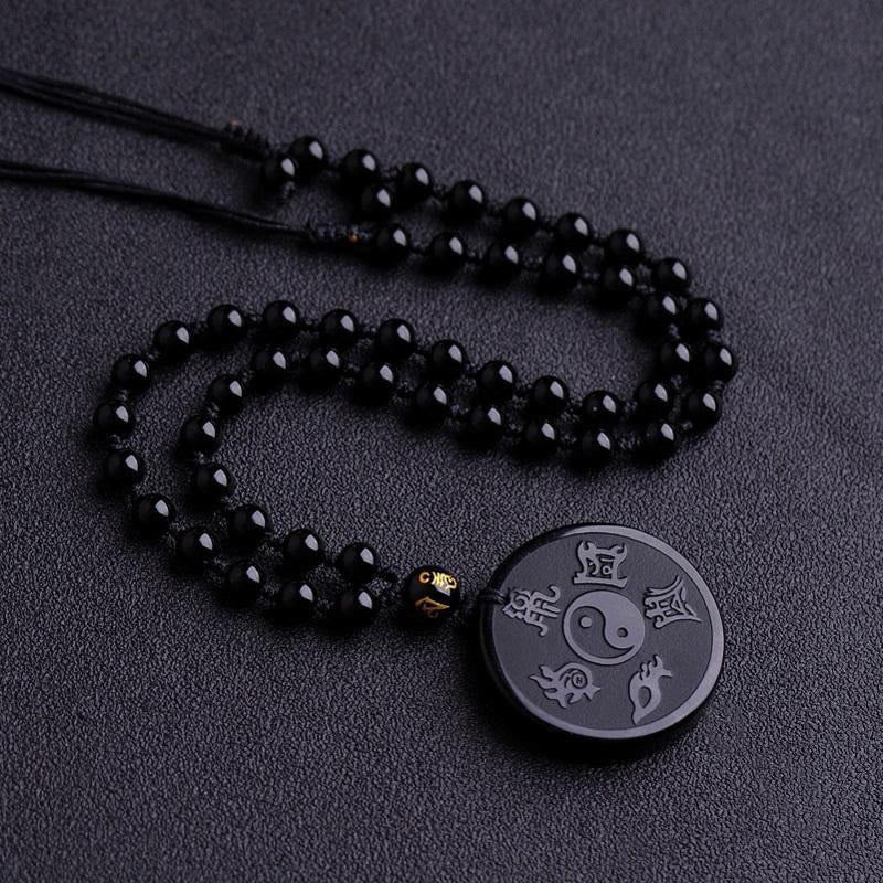 Renbeads Natural Black Obsidian Taoism Five Sacred Mountains Nine-Character Mantra Carved Strength Yin Yang Necklace Pendant Key Chain