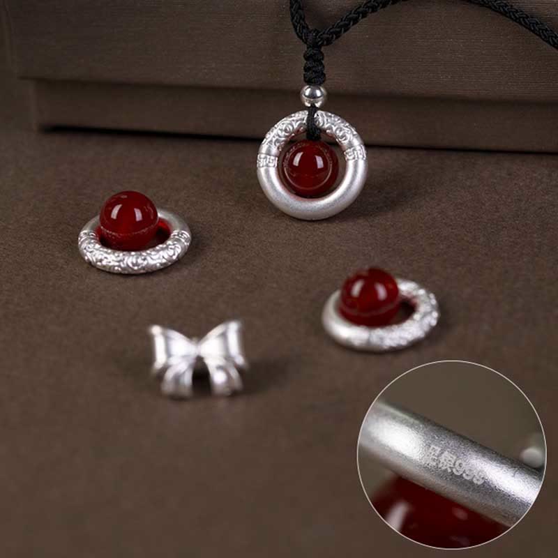 Renbeads 999 Sterling Silver Red Agate Peace Buckle Blessing Necklace Pendant