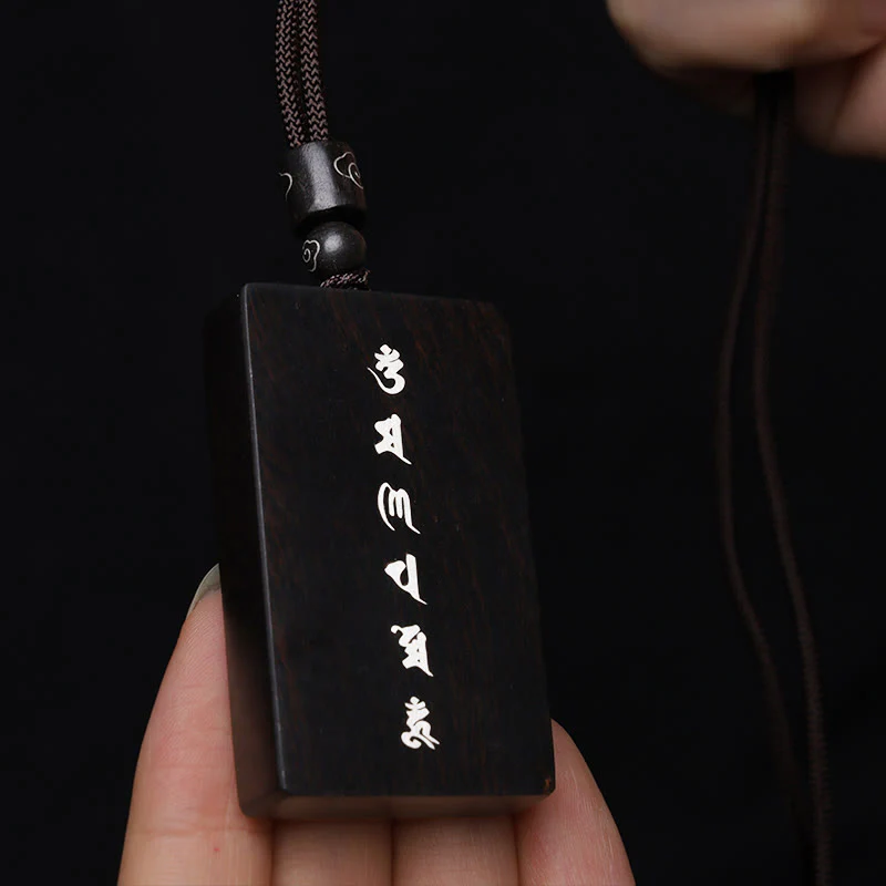 Renbeads 999 Sterling Silver Small Leaf Red Sandalwood Ebony Wood Om Mani Padme Hum Inlaid Protection Necklace Pendant