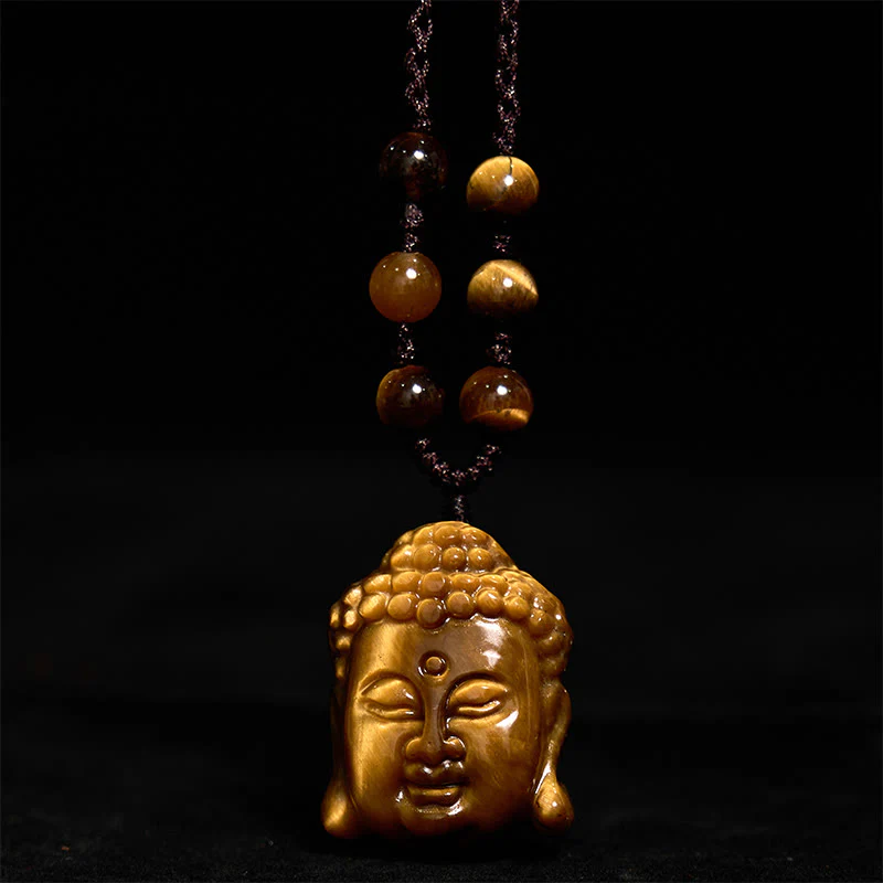 Tiger Eye String Buddha Head Courage Necklace Pendant