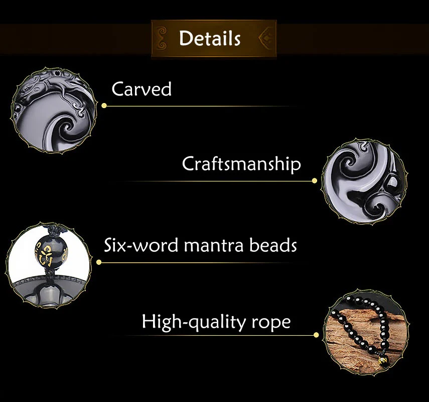 Natural Black Obsidian PiXiu Oval Pattern Necklace Pendant