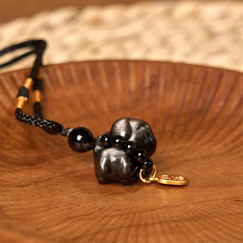 Silver Sheen Obsidian Puppy Dog and Fu Character Protection Necklace and Phone Hanging Decoration