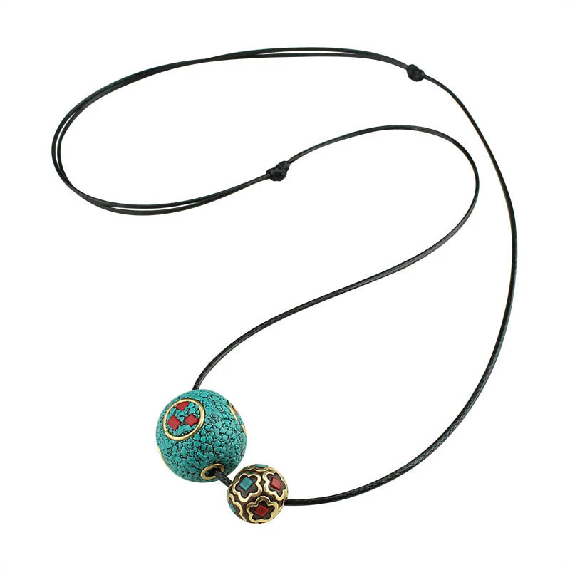 Tibetan Turquoise Double Bead Protection Strength Necklace Pendant