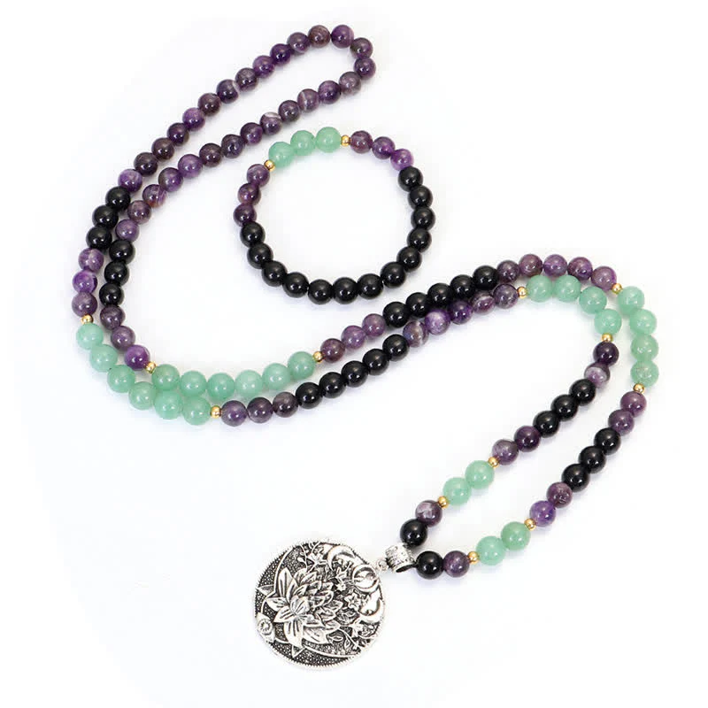 108 Mala Beads Amethyst Green Aventurine Lotus Meditation Bracelet