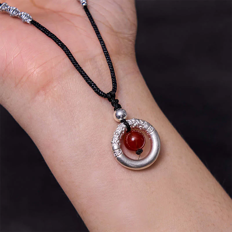 Renbeads 999 Sterling Silver Red Agate Peace Buckle Blessing Necklace Pendant