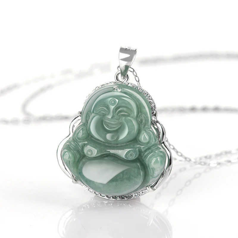 Renbeads 925 Sterling Silver Laughing Buddha Jade Abundance Necklace Chain Pendant