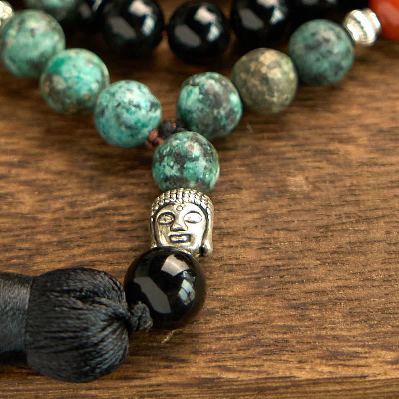 Renbeads 108 Mala Natural Black Onyx Red Jasper Turquoise Beads Buddha Head Tassel Protection Bracelet