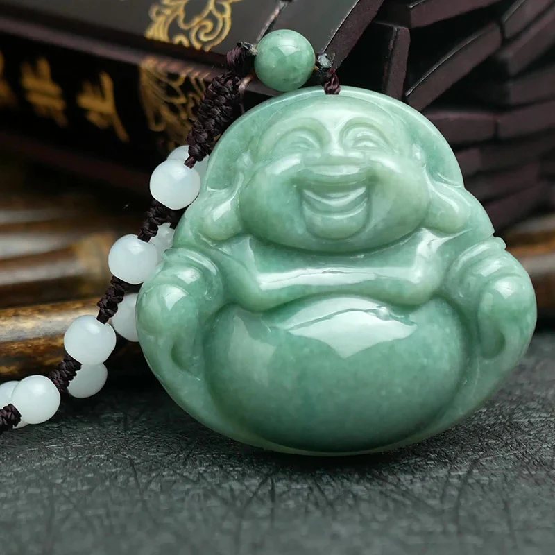 Renbeads Laughing Buddha Cyan Jade Harmony Necklace String Bead Pendant