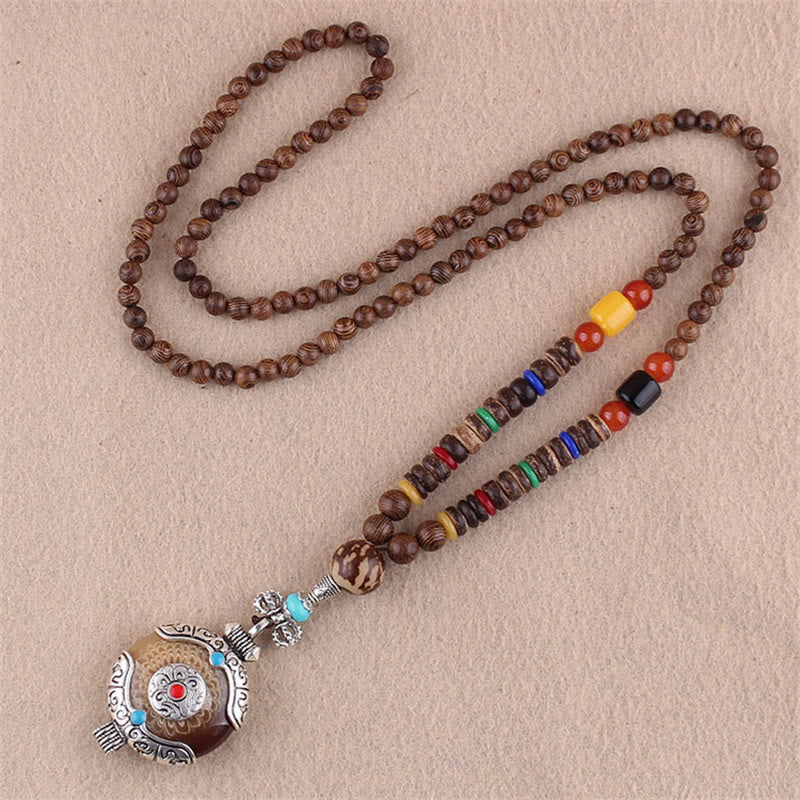 Tibetan Wenge Wood Bodhi Seed Agate Elephant Necklace Pendant