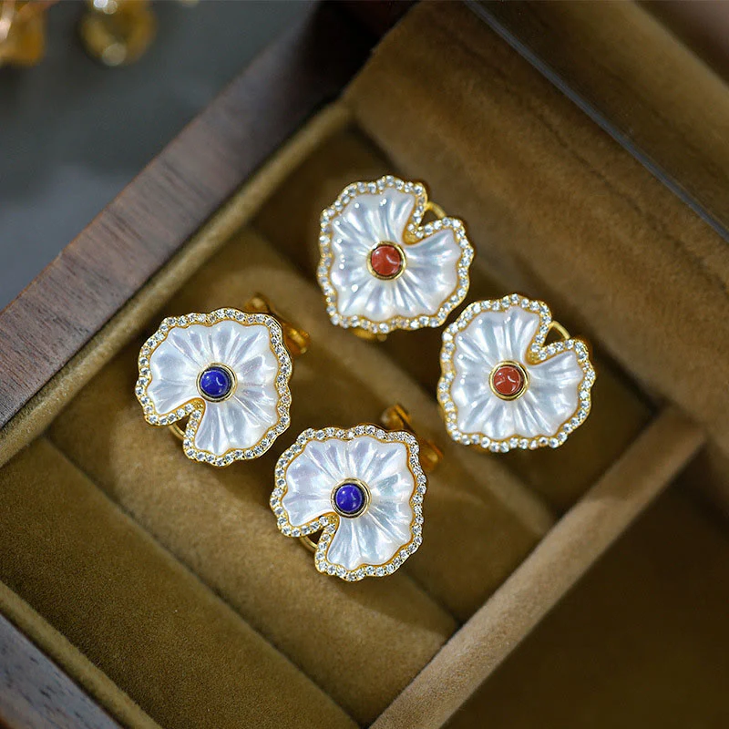 925 Sterling Silver Love Heart Tridacna Stone Red Agate Lazurite Jewelry Set