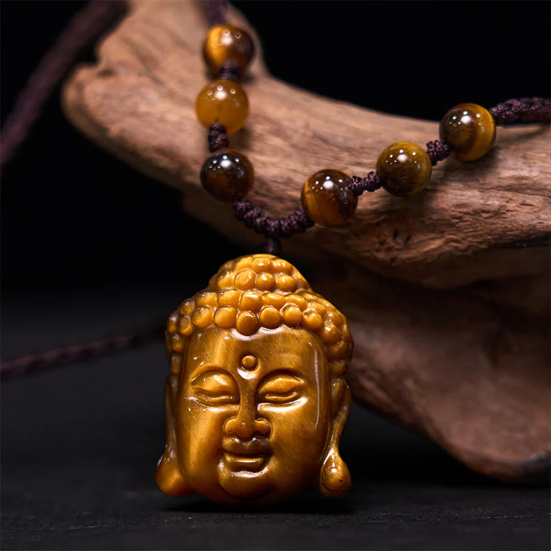 Tiger Eye String Buddha Head Courage Necklace Pendant