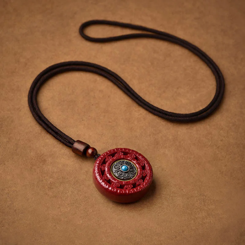 Cinnabar Om Mani Padme Hum Blessing Rotatable Necklace Pendant and Key Chain