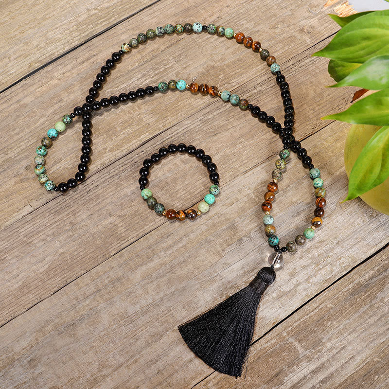 Renbeads 108 Mala Beads Natural Stone Tiger Eye Turquoise Protection Strength Bracelet Necklace