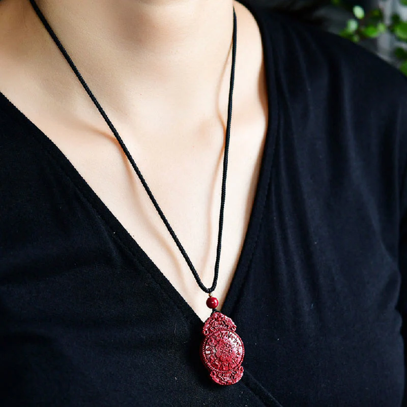 Laughing Buddha Yin Yang Chinese Zodiac Gourd Natural Cinnabar Blessing Necklace Pendant